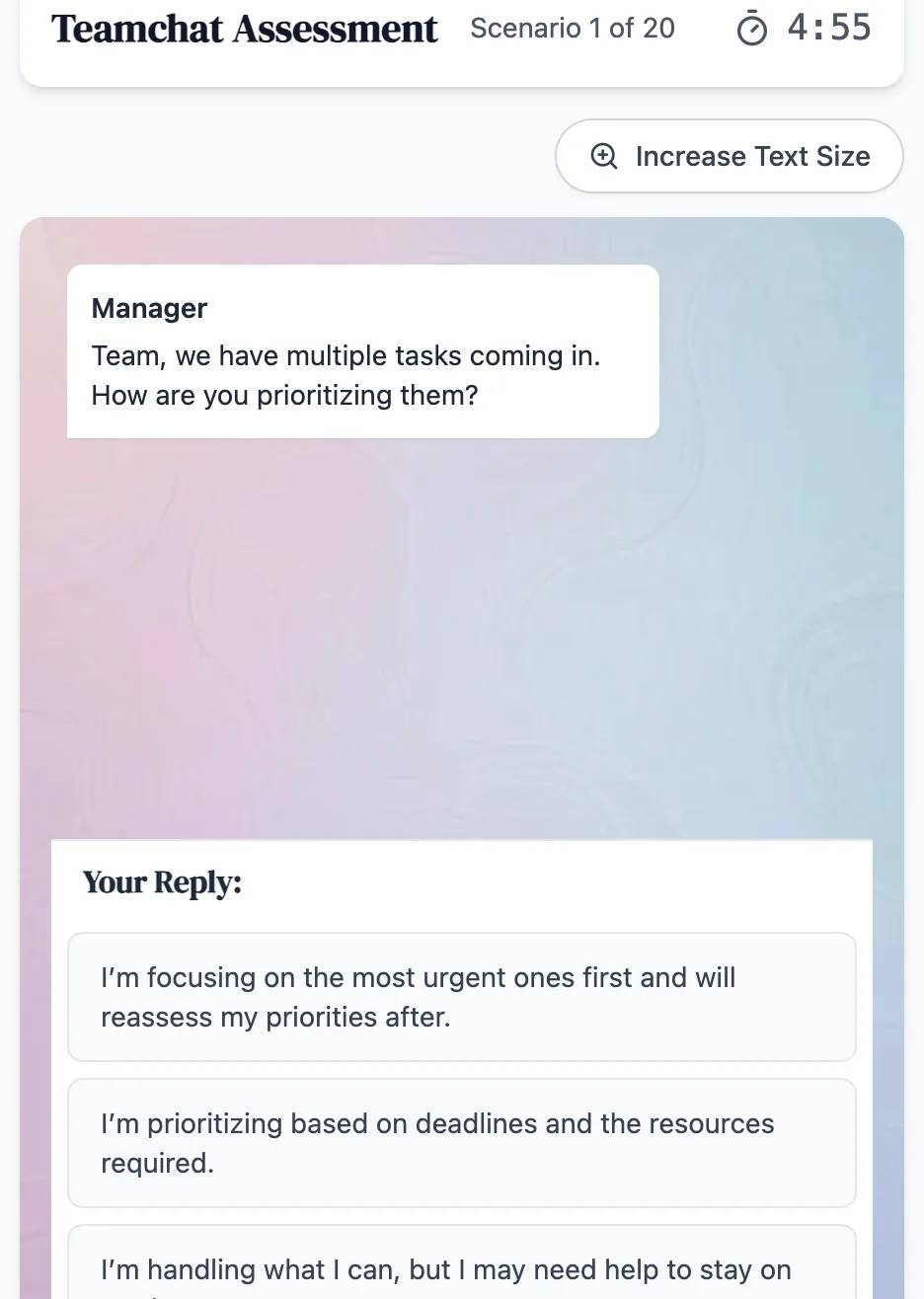 Teamchat practice round on Game Assessment Prep — Reply to messages in a chat-like interface by choosing the response that aligns more with you.
