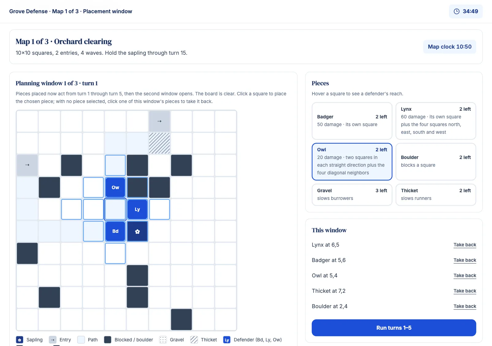 Grove Defense simulation (Plant Defense format) on Game Assessment Prep: placing defenders and terrain during the first planning window on map 1.