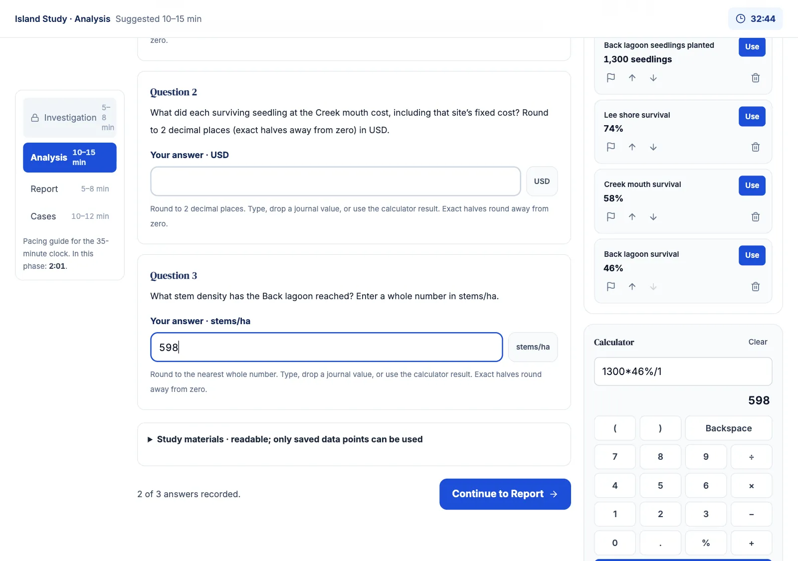 Island Study simulation (Redrock format) on Game Assessment Prep: the Analysis phase with the research journal and the calculator beside the questions.