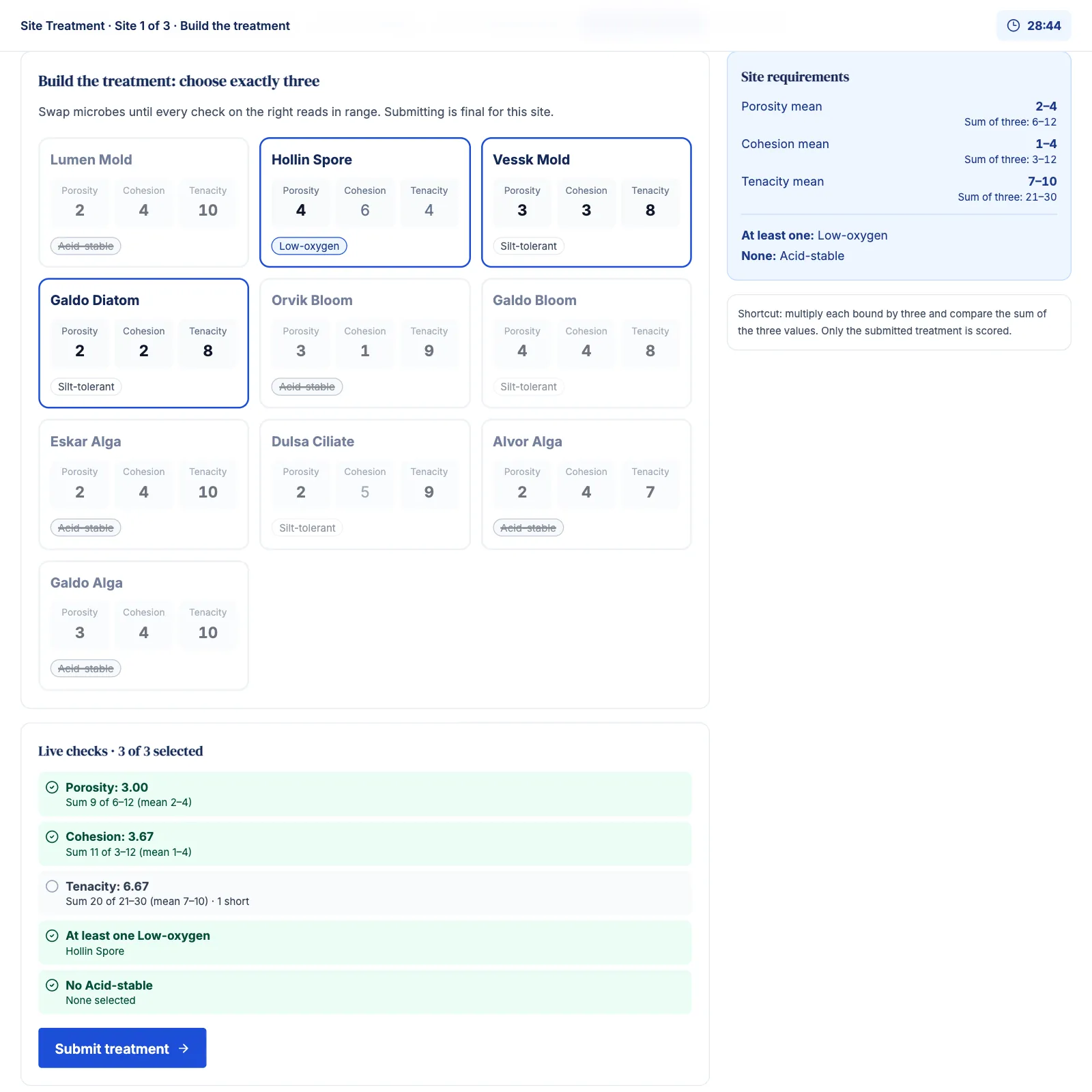 Site Treatment simulation (Sea Wolf format) on Game Assessment Prep: building a three-microbe treatment while live checks compare each mean with the site’s ranges.