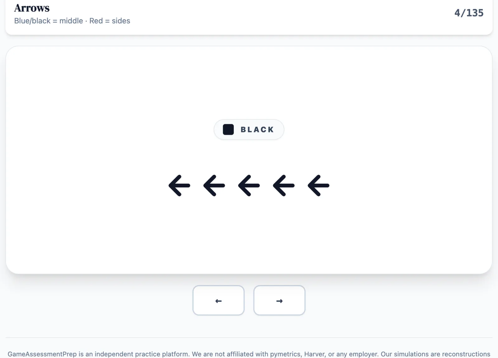 Arrows practice round on Game Assessment Prep — Follow middle or side arrows as an accessible color cue switches the active rule.
