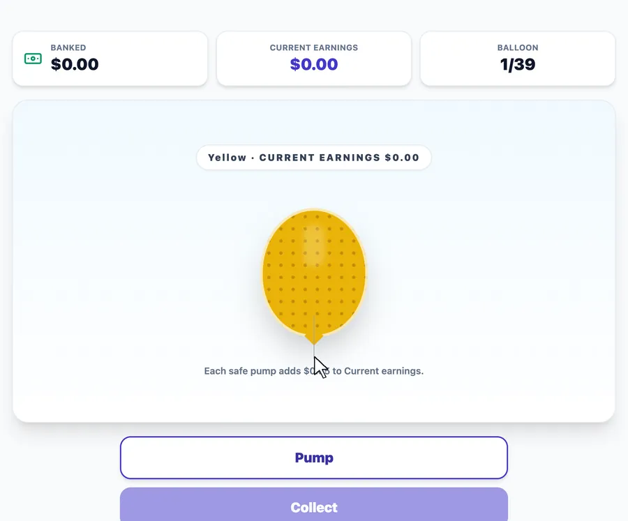 Balloons practice round on Game Assessment Prep — Pump recurring colored balloons, then collect before each hidden pop point.