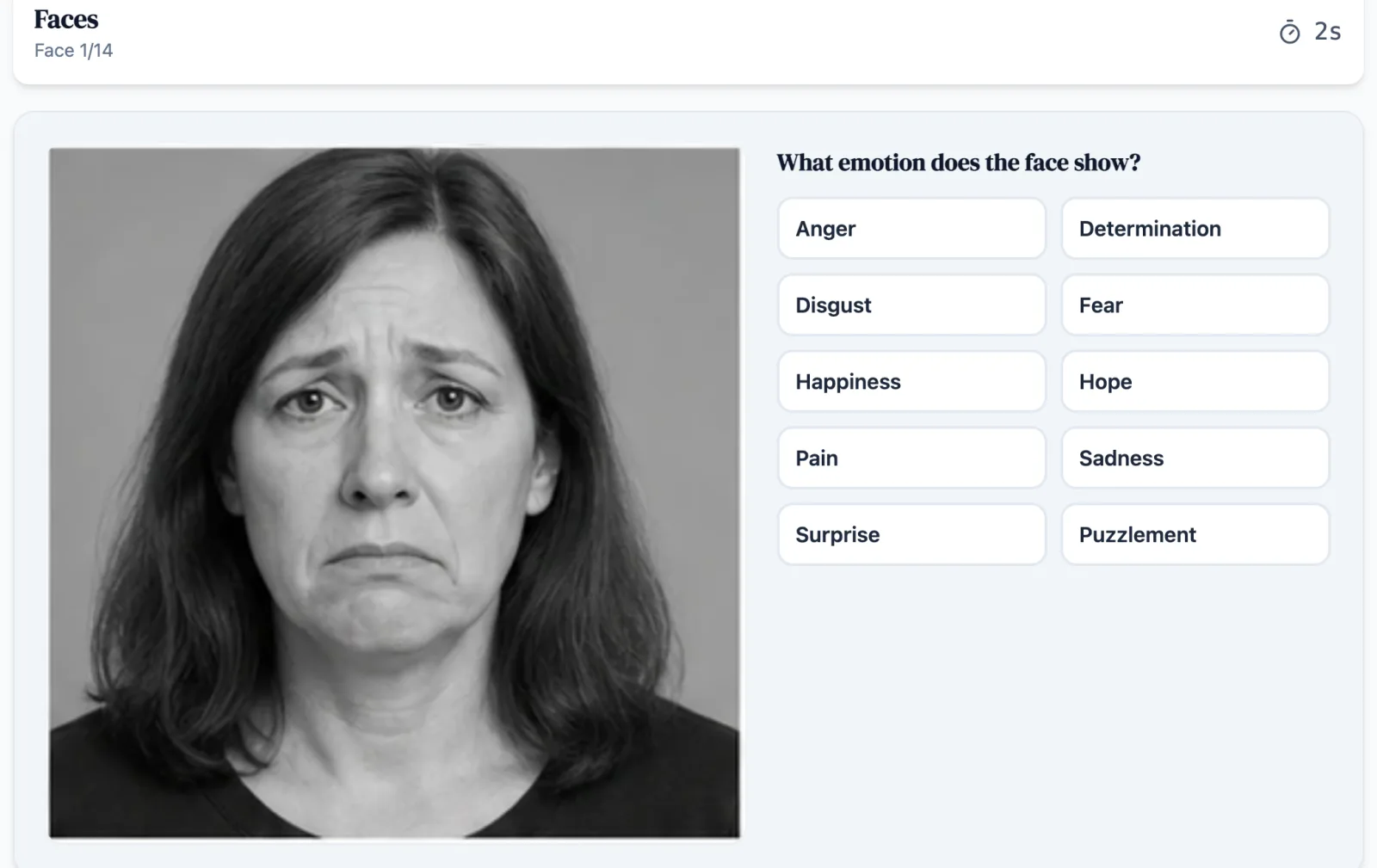 Faces practice round on Game Assessment Prep — Read facial expressions and use short situations to resolve closely related emotions.