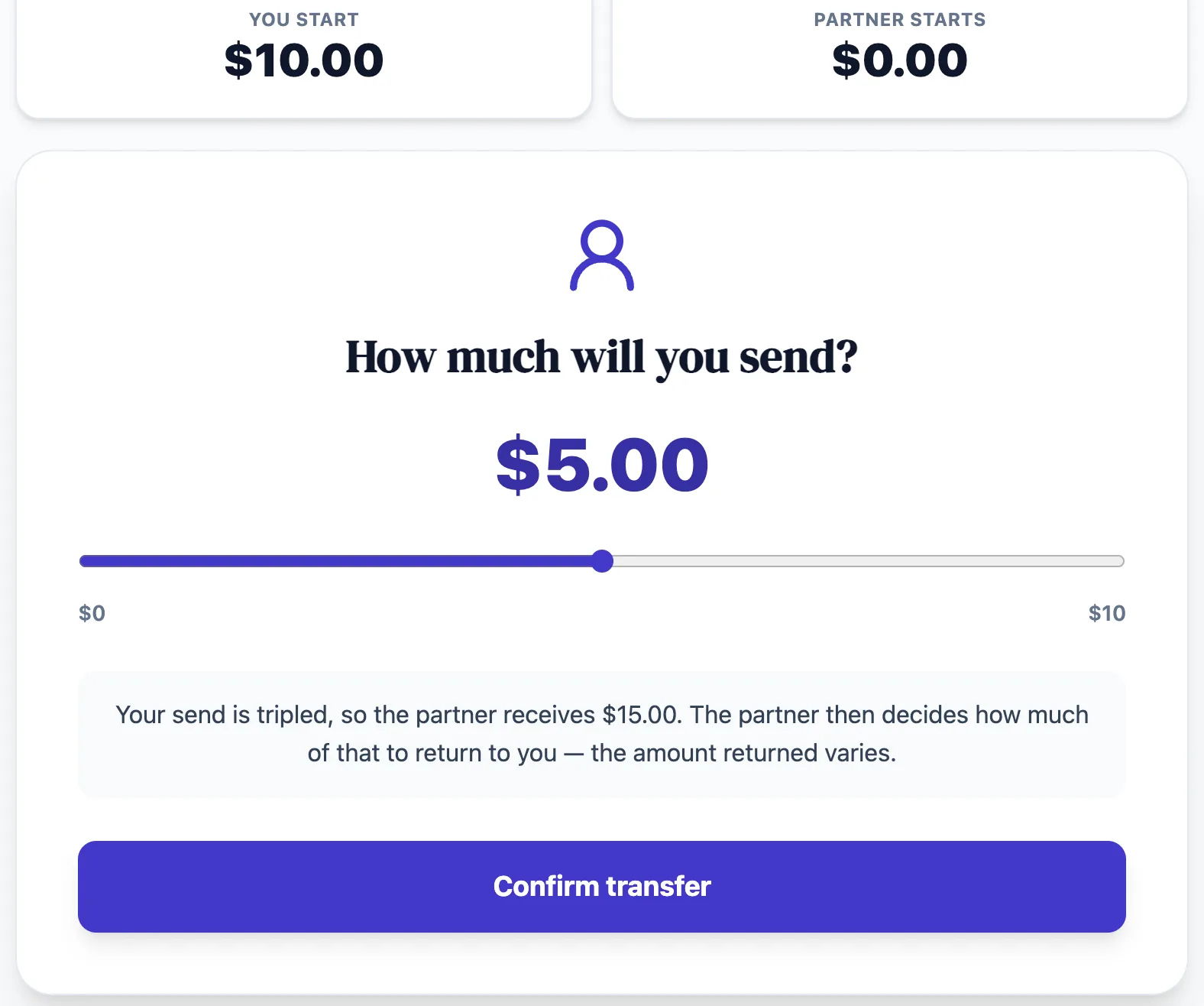 Money Exchange 1 practice round on Game Assessment Prep — Choose how much of $10 to trust to a partner, then reflect on the exchange.