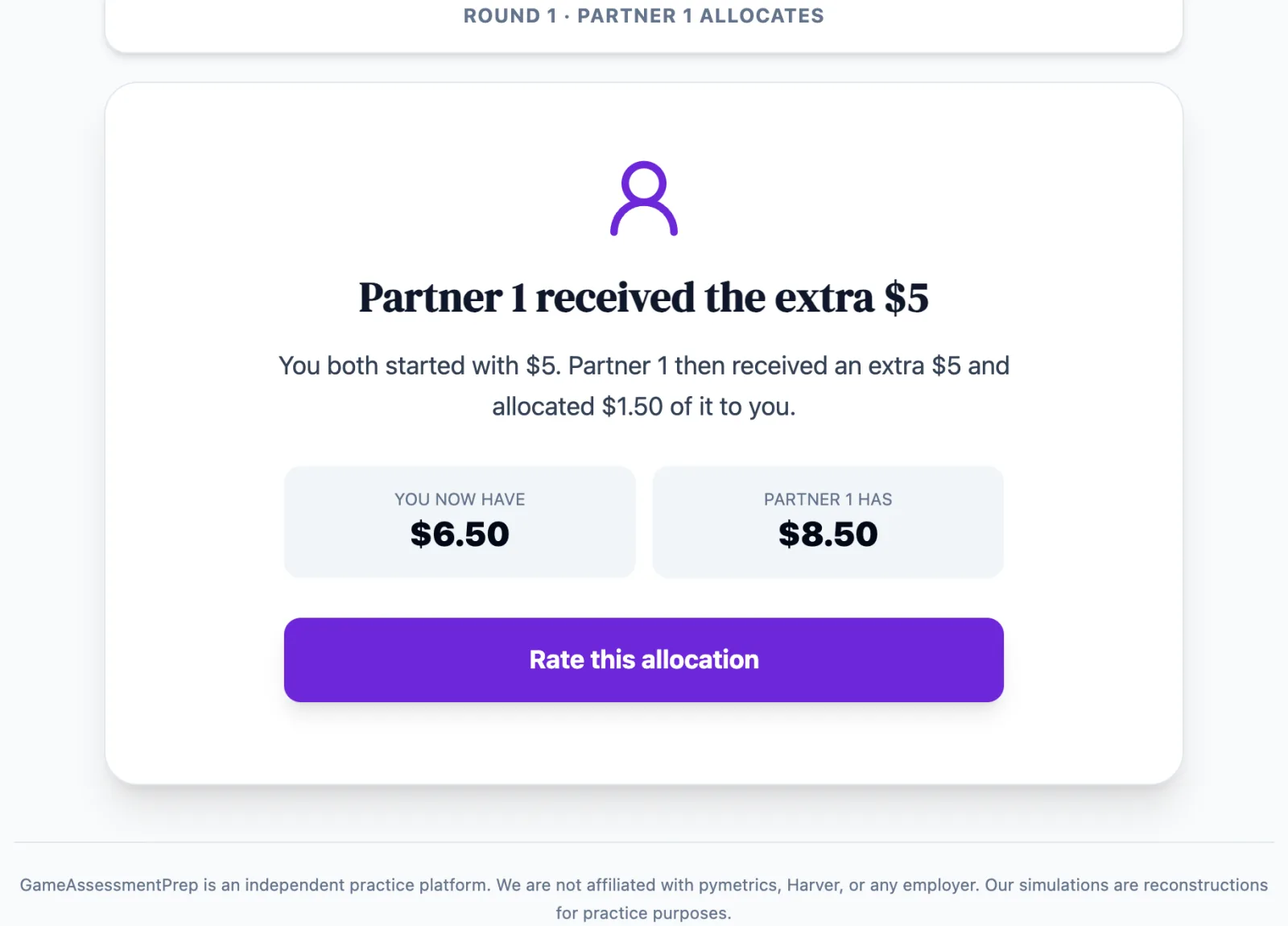 Money Exchange 2 practice round on Game Assessment Prep — Observe one allocation, then make and rate your own give-or-take decision.